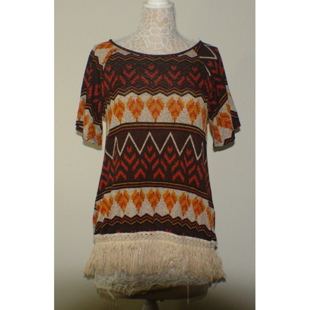 Yahada USA Womens Southwestern Geometric Knit Top Fringe Boho Brown Orange Small